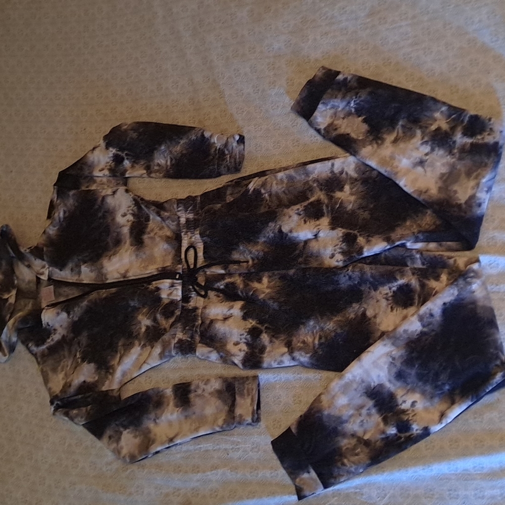 Black tye-dye fleece jumpsuit one-piece xs zipper hoodie